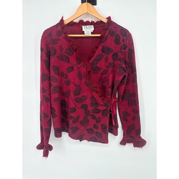 Tess Dress Sweaters - Tess‎ Dress Floral Wrap Sweater Y2K Size XL Silk Wool Blend Ruffle Red Romantic